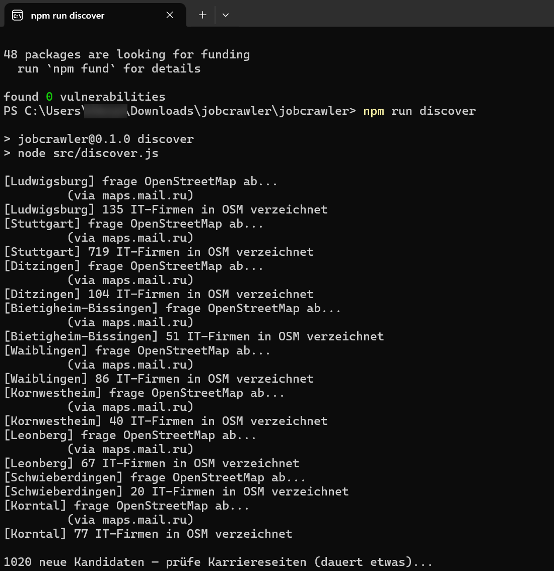 PowerShell: npm run discover findet IT-Firmen in neun Städten über OpenStreetMap