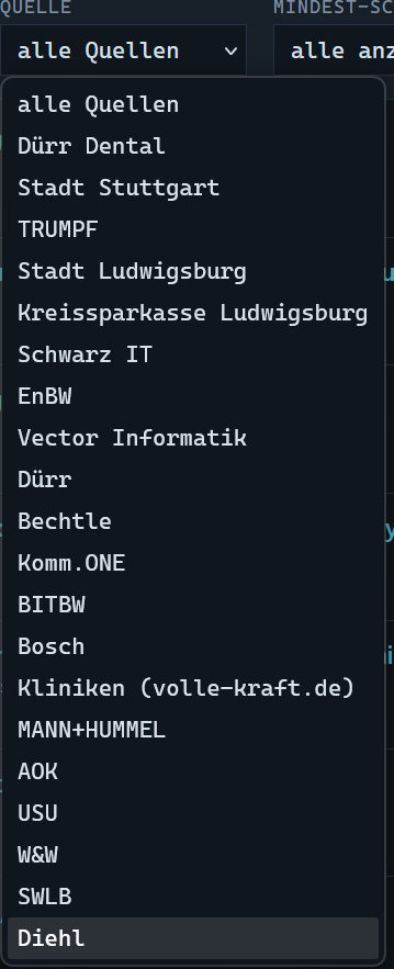Quellen-Dropdown des Dashboards mit den konfigurierten Firmen