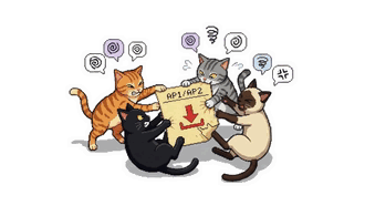 Vier Katzen streiten sich um ein AP1/AP2-Lernheft
